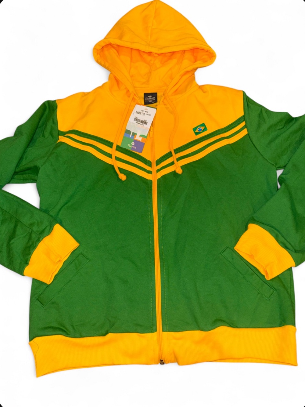 Pierim Brazil Green And Yellow Zip Up Jacket with Hoodie Size Large NWT Unisex